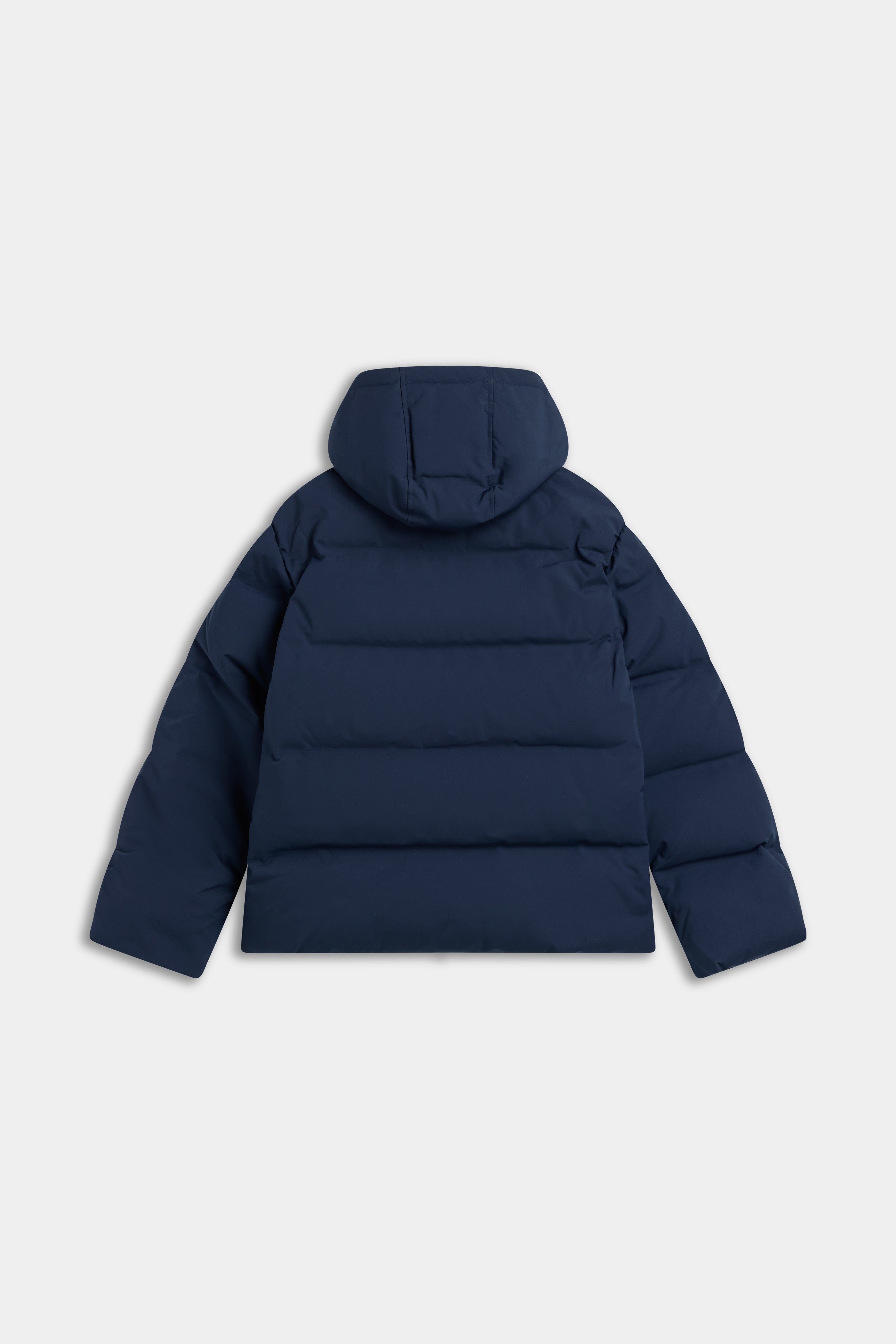 Back view of the navy CASPARA Boreal Puffer Jacket with a hood.
